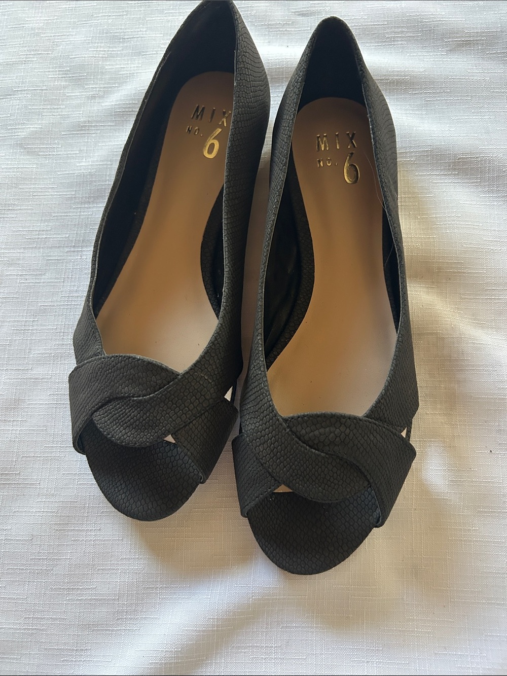 Mix No. 6 Black Textured Peep-Toe Flats with Knotted Vamp